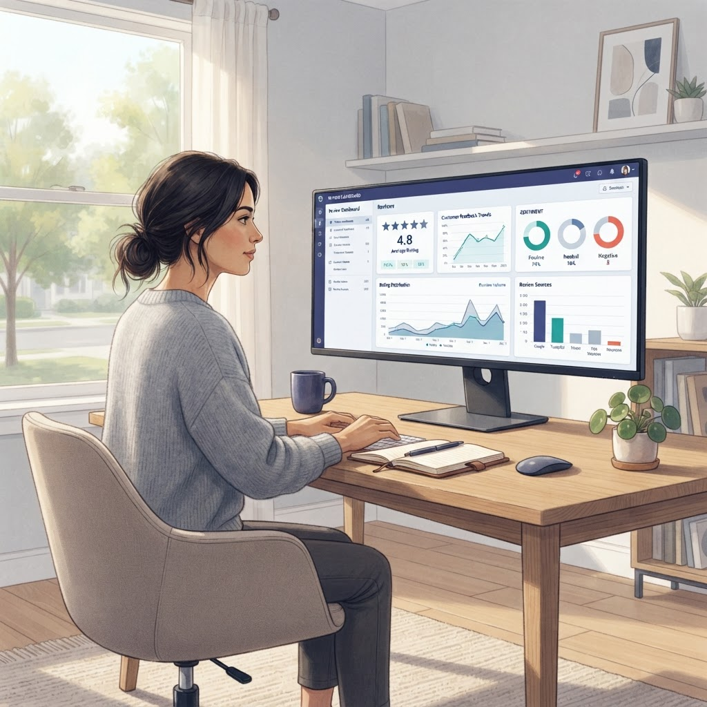 Profissional a trabalhar remotamente com um dashboard de monitorização de reputação